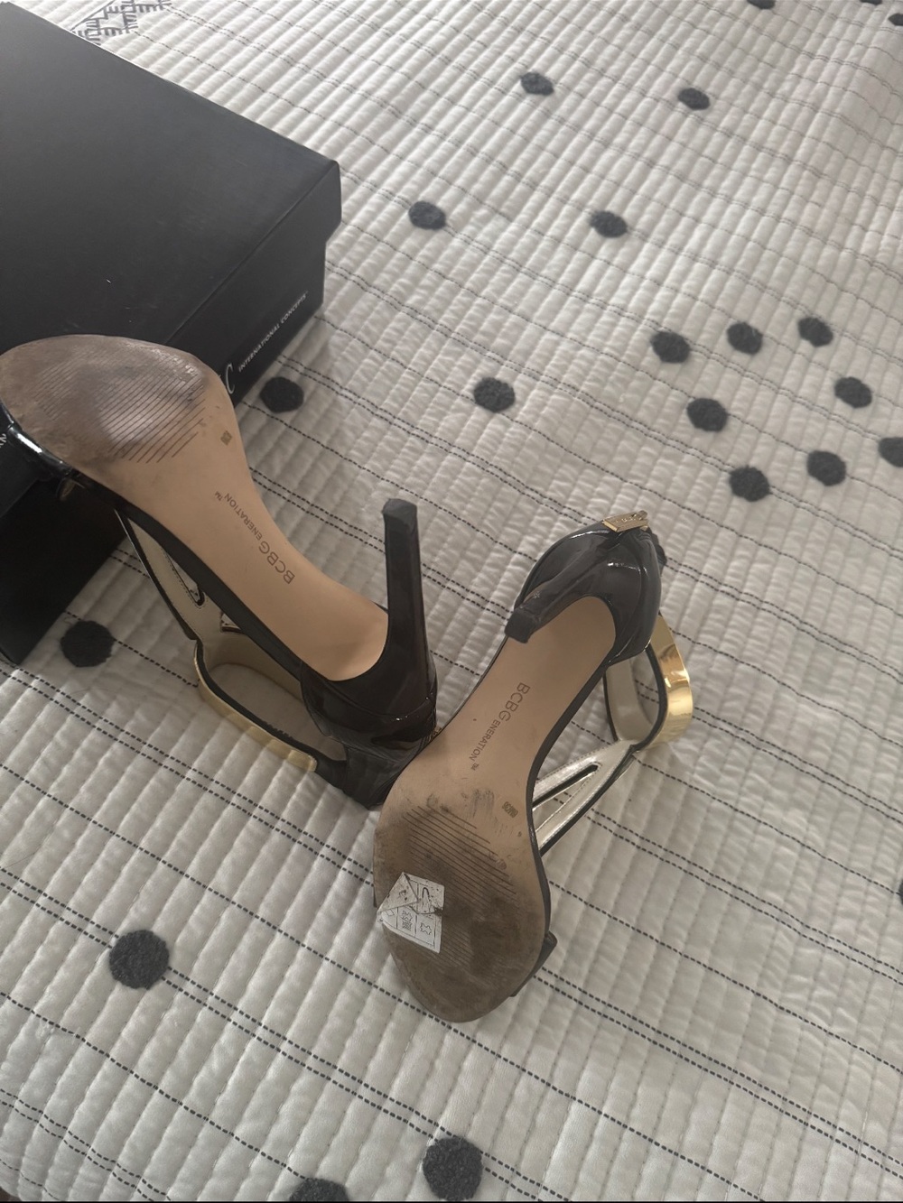 bebe Black Patent High Heel Sandals with Gold Heel Accent